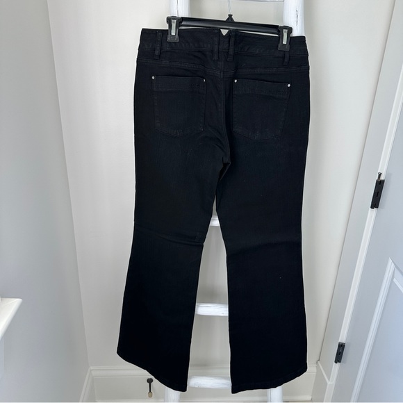 White House Black Market Flare Black Denim Trousers Pocket Front Size 10 - Picture 3 of 13